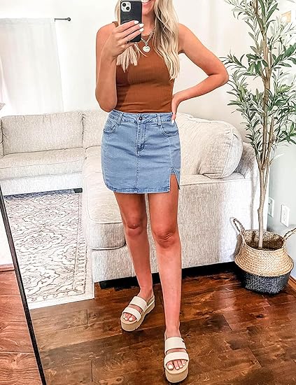 High-Waisted Stretch Denim Skort Shorts